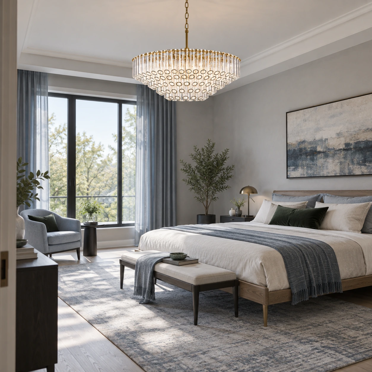 Camille crystal chandelier in a primary bedroom