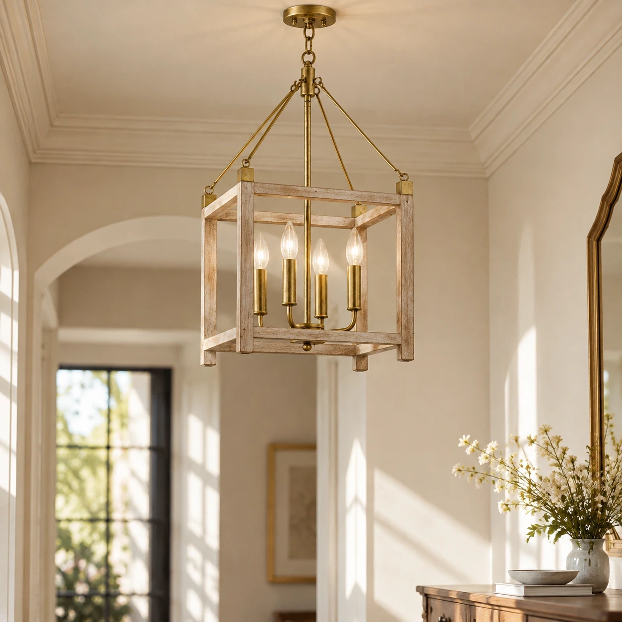 Milo American Rustic Four-Light Iron and Wood Chandelier in a refined boutique hallway