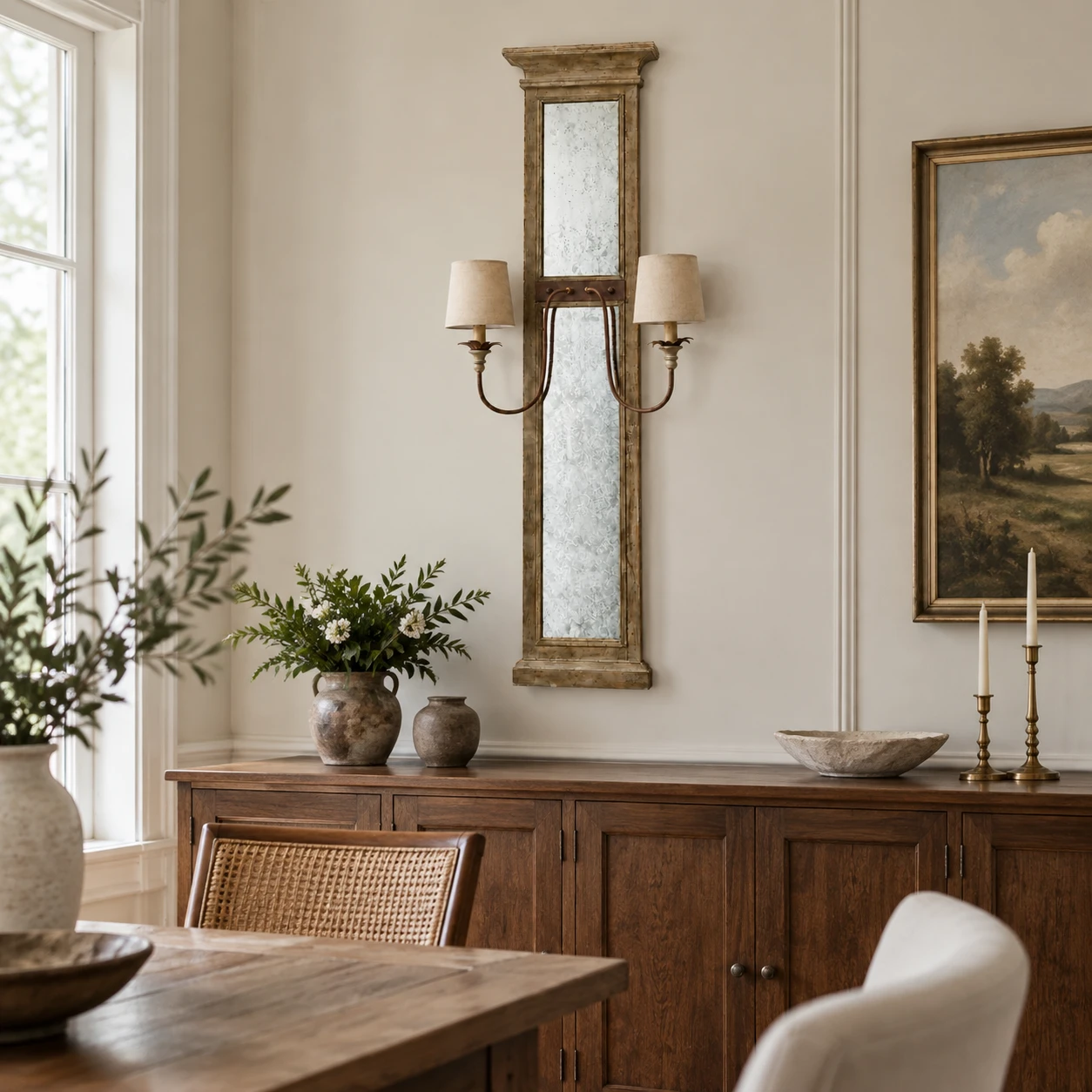 Marlow wall sconce installed above a dining-room sideboard