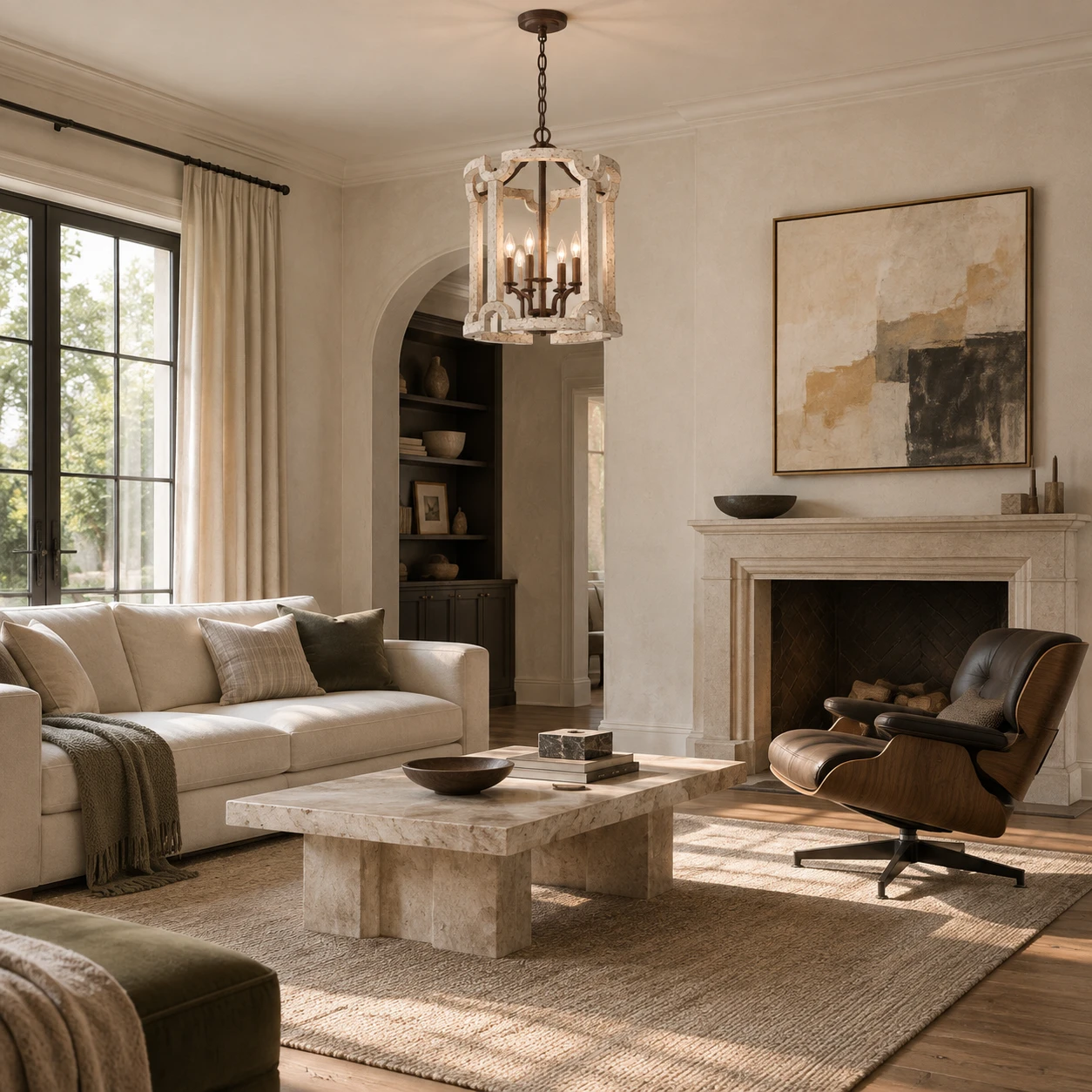 Carved wood birdcage chandelier in a bright lived-in living room