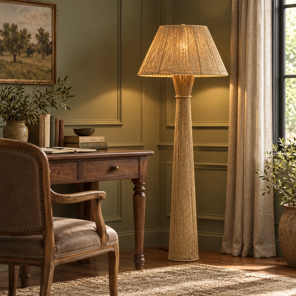 Dahlia woven floor lamp in a muted sage study nook