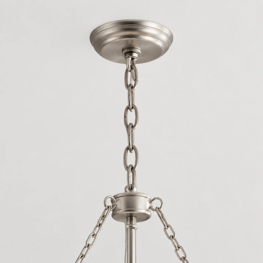 Chain and canopy connection on a silver crystal chandelier