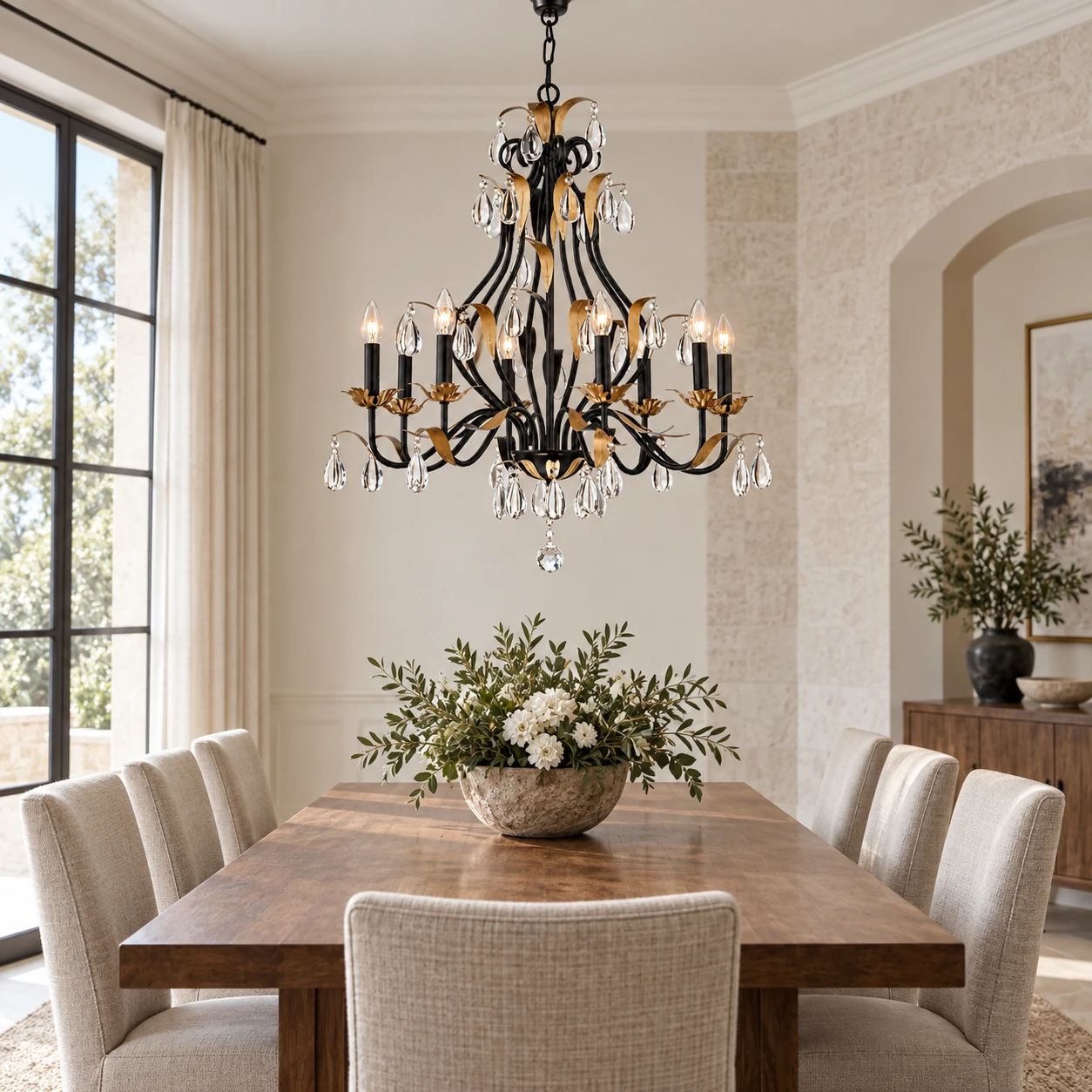 Crystal chandelier in a bright hospitality interior