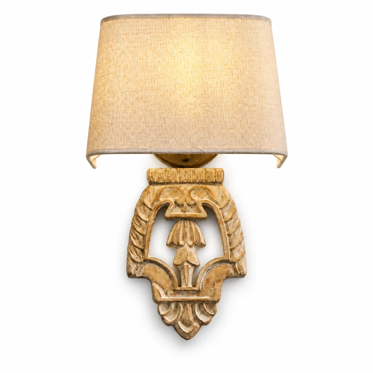 Amelie Carved Wood Shield wall sconce on a white background