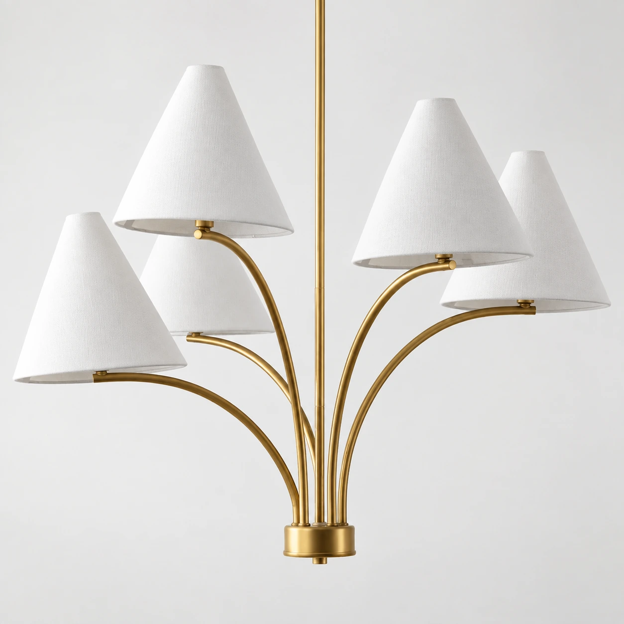 Close view of the complete warm brass branch chandelier form