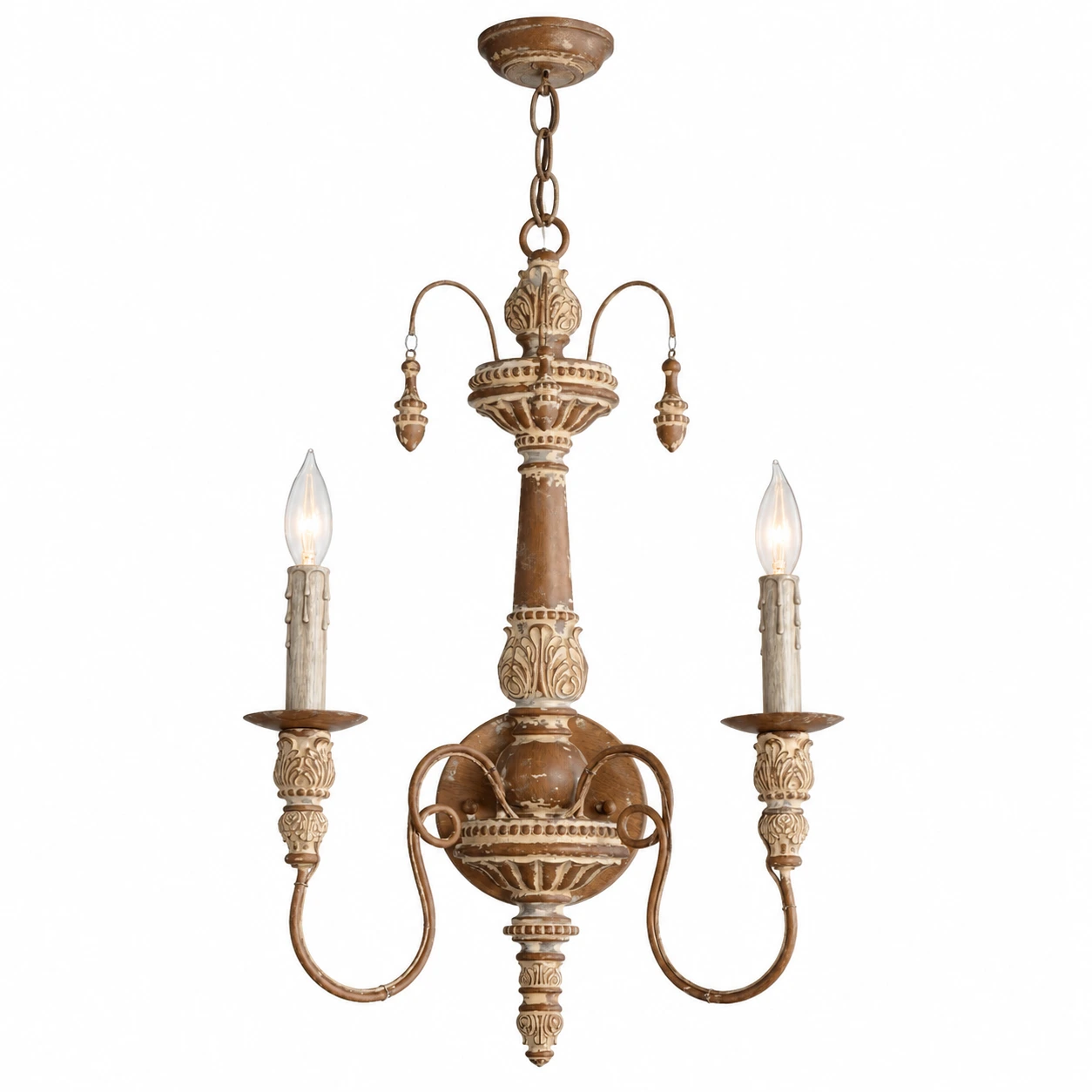Maribel Rustic Carved Wood-Look Chandelier — 2-Light Antique Copper SKU identity