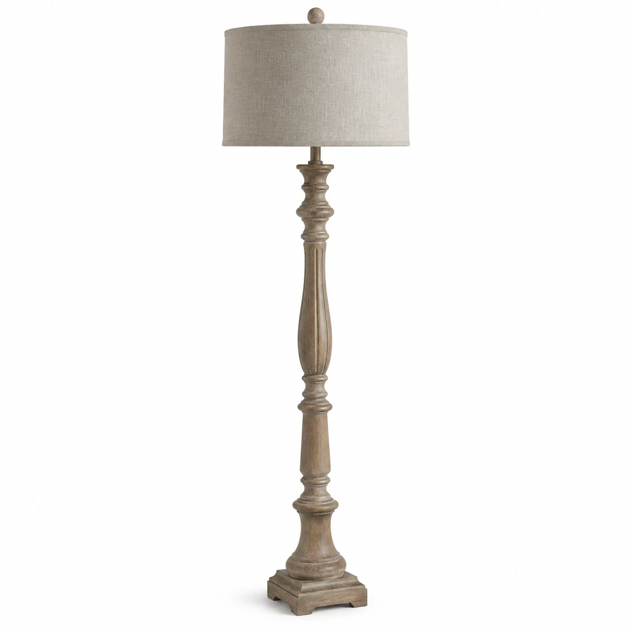 Front view of Merritt carved wood floor lamp with fabric shade on white background
