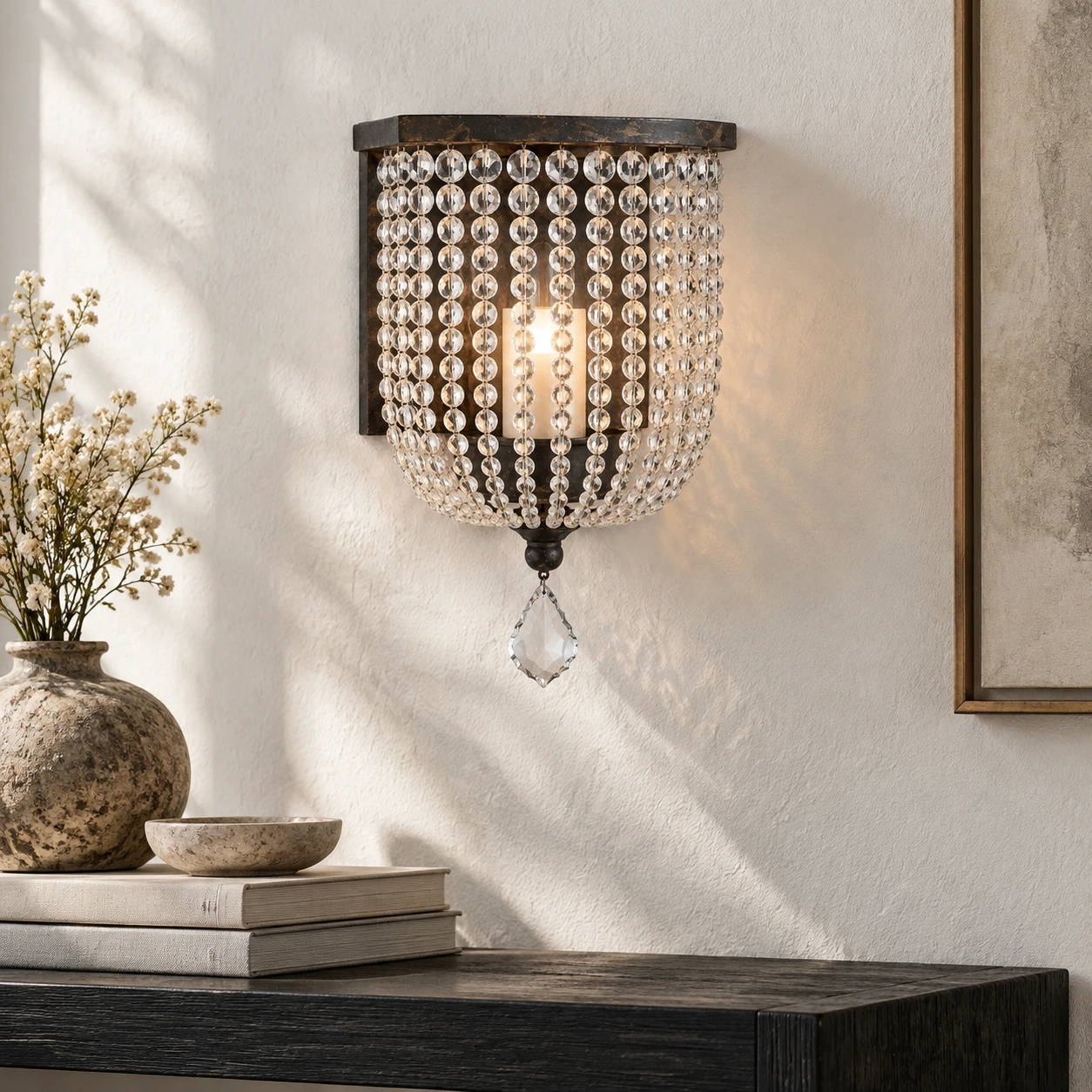 Elara Rustic Beaded Drop Iron Wall Sconce — Crystal bead wall sconce in a living room vignette