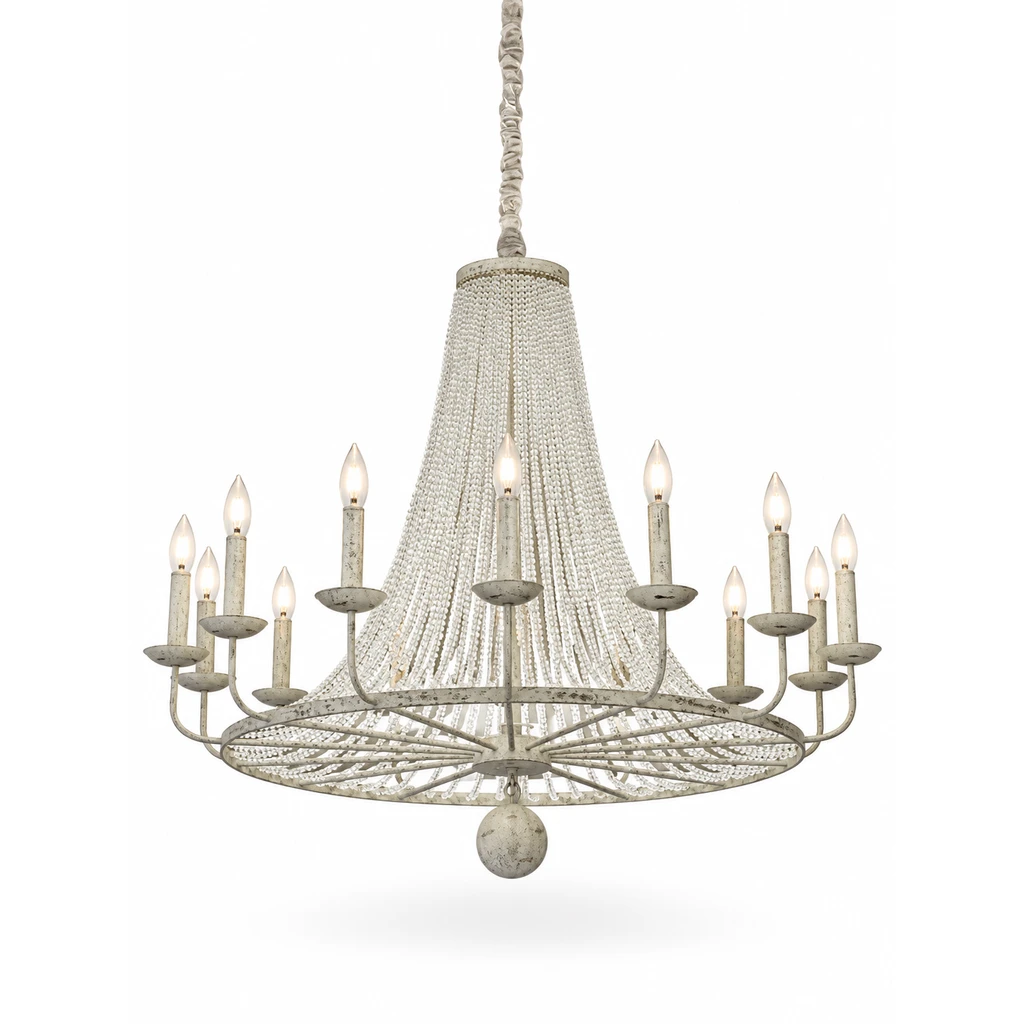 14-light French country crystal bead chandelier on white