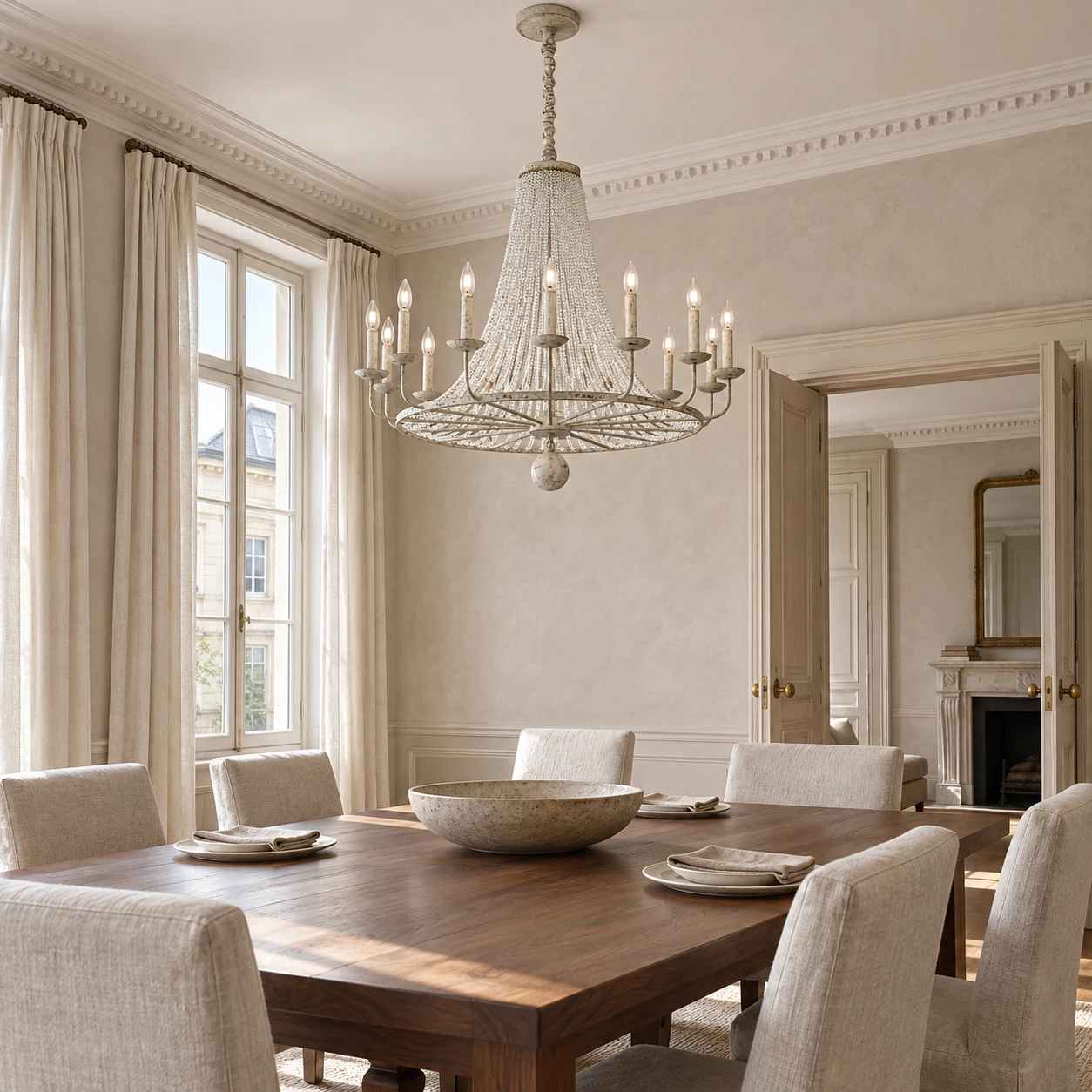 14-light French country crystal bead chandelier in a dining room