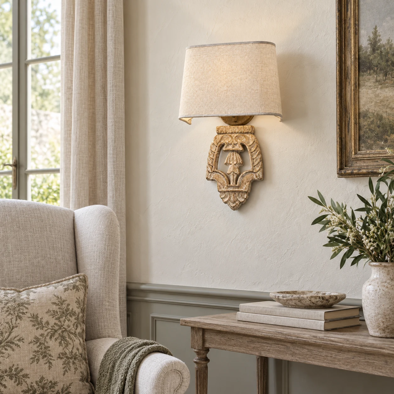 Amelie French country wall sconce in a sitting room reading corner