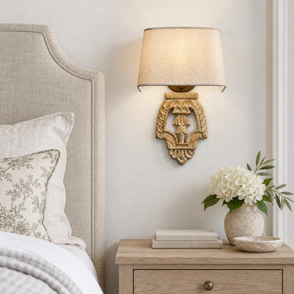 Amelie French country wall sconce on a bedroom reading wall