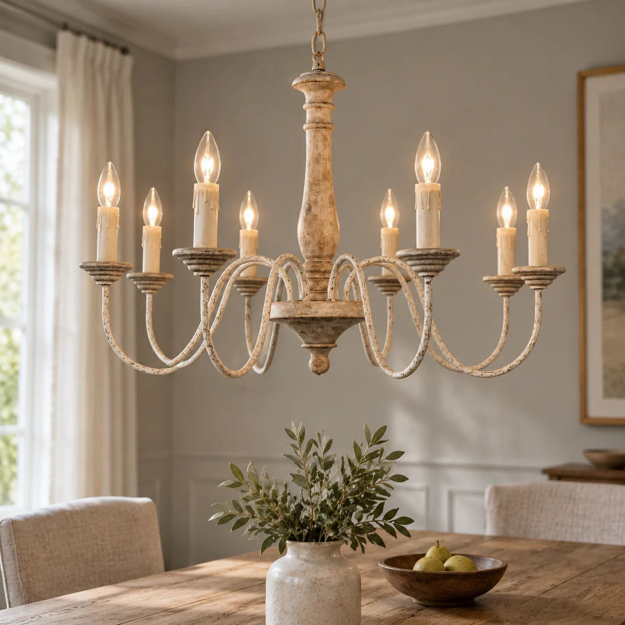 natural a8 chandelier installed in an American room