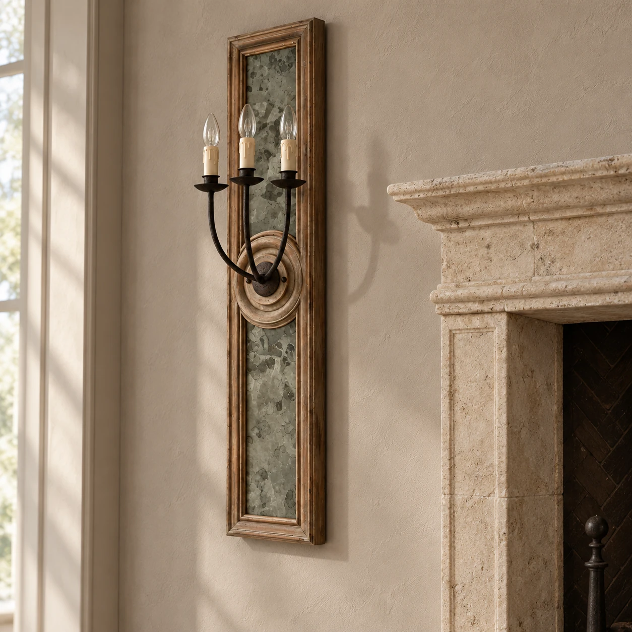 Maren carved wood wall sconce physically installed beside a limestone fireplace