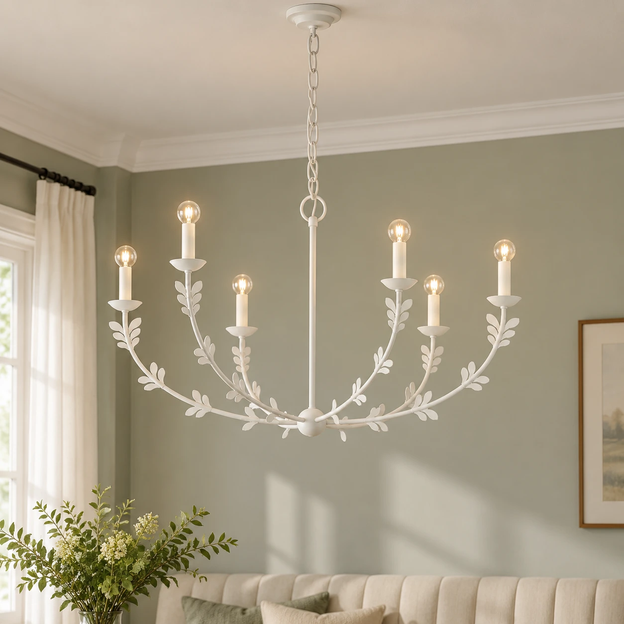Mira Vintage Leaf-Branch Iron Chandelier — 06 scene white