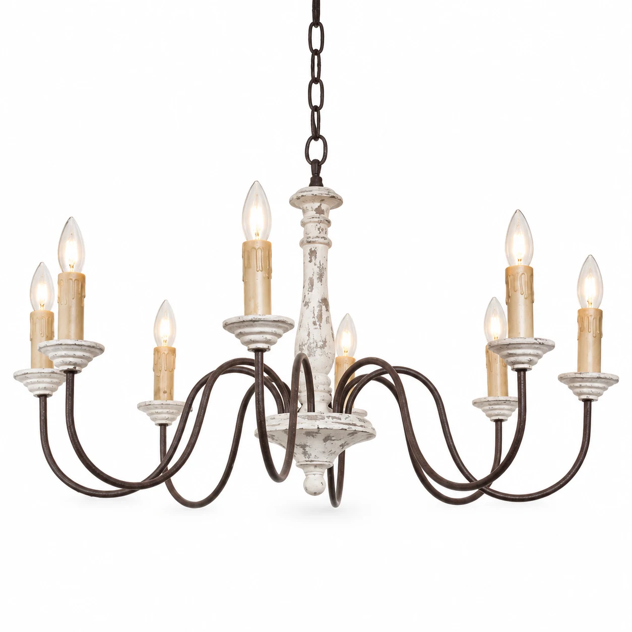 A · 8 Lights · Distressed White · Open Candle wood chandelier on a white background