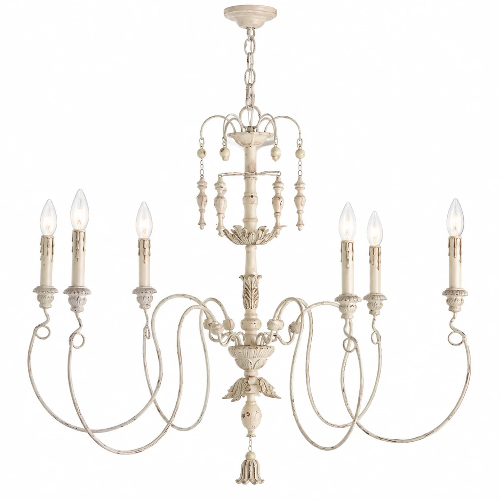 Small carved wood chandelier on a clean white background