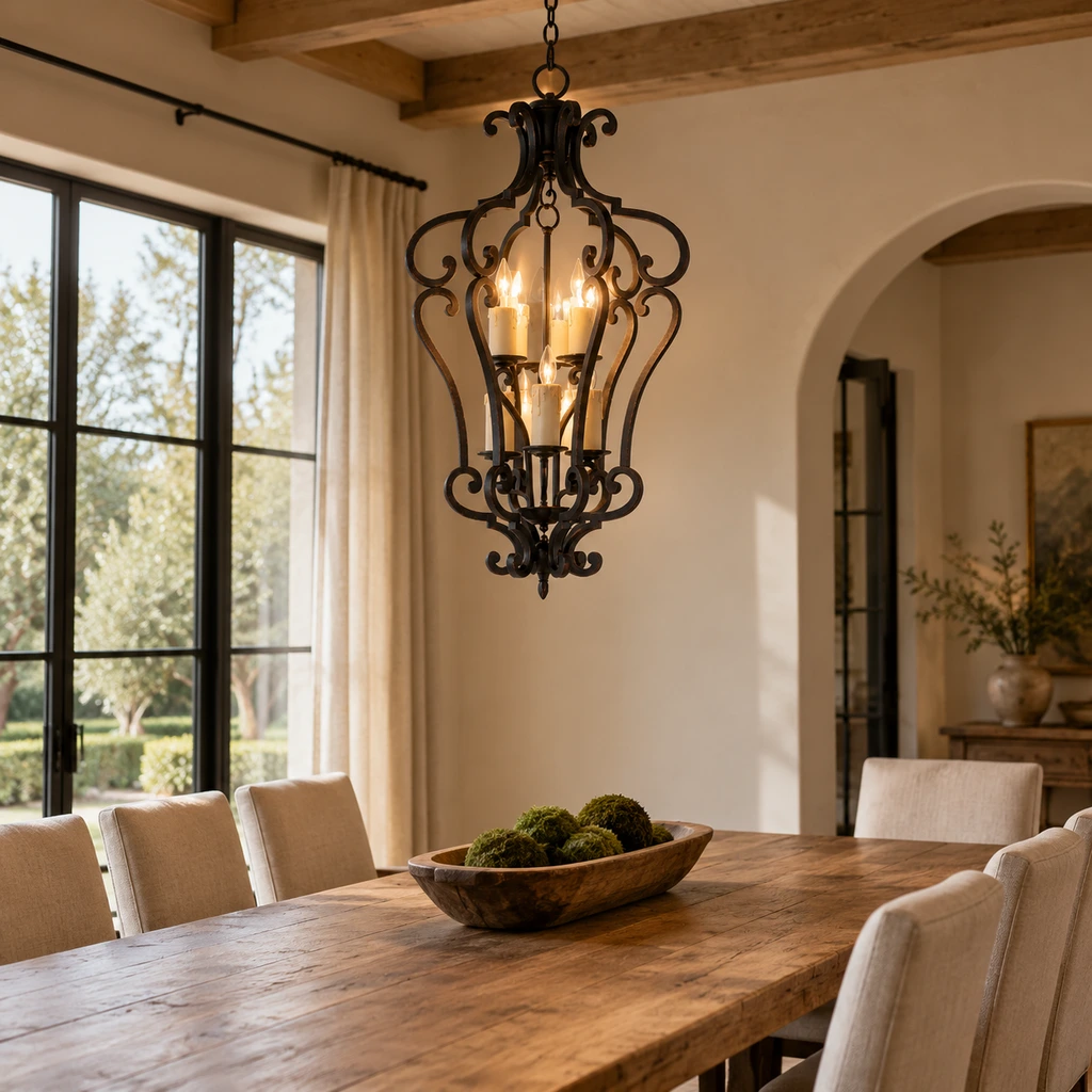 Harrow chandelier above a long oak dining table