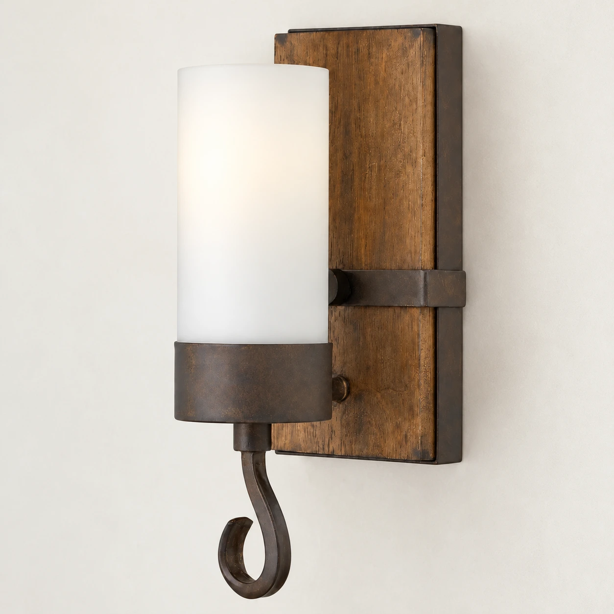 Frosted cylindrical shade and dark metal collar detail
