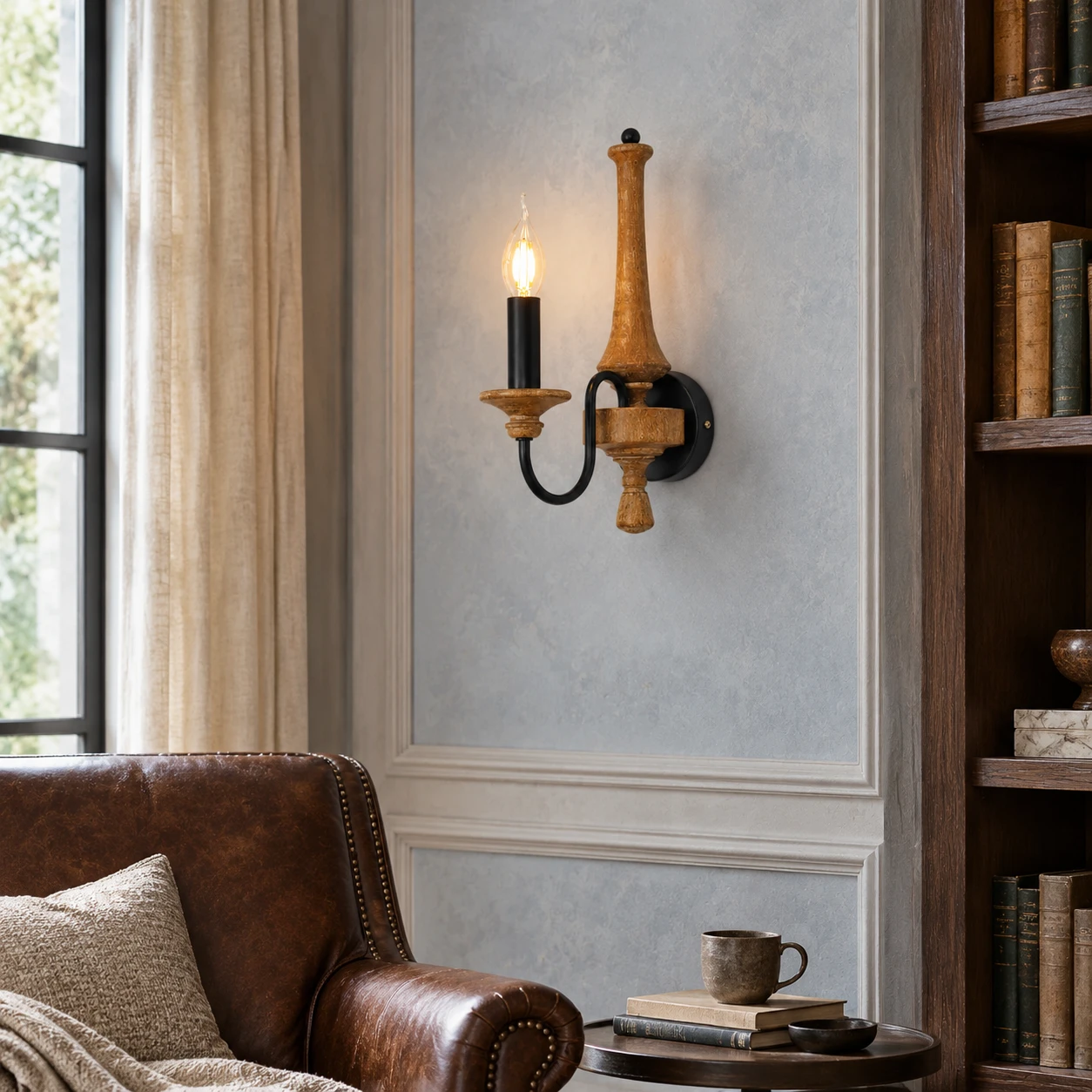 American vintage carved wood wall sconce product image BDK-085-01-scene-05