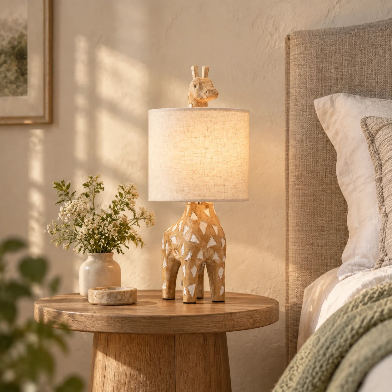 Carved wood giraffe table lamp with linen shade in a bedroom