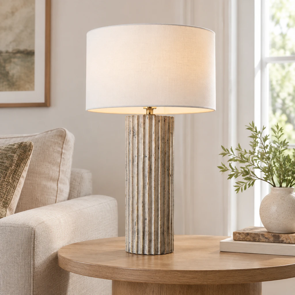 Linea fluted wood table lamp in a living room