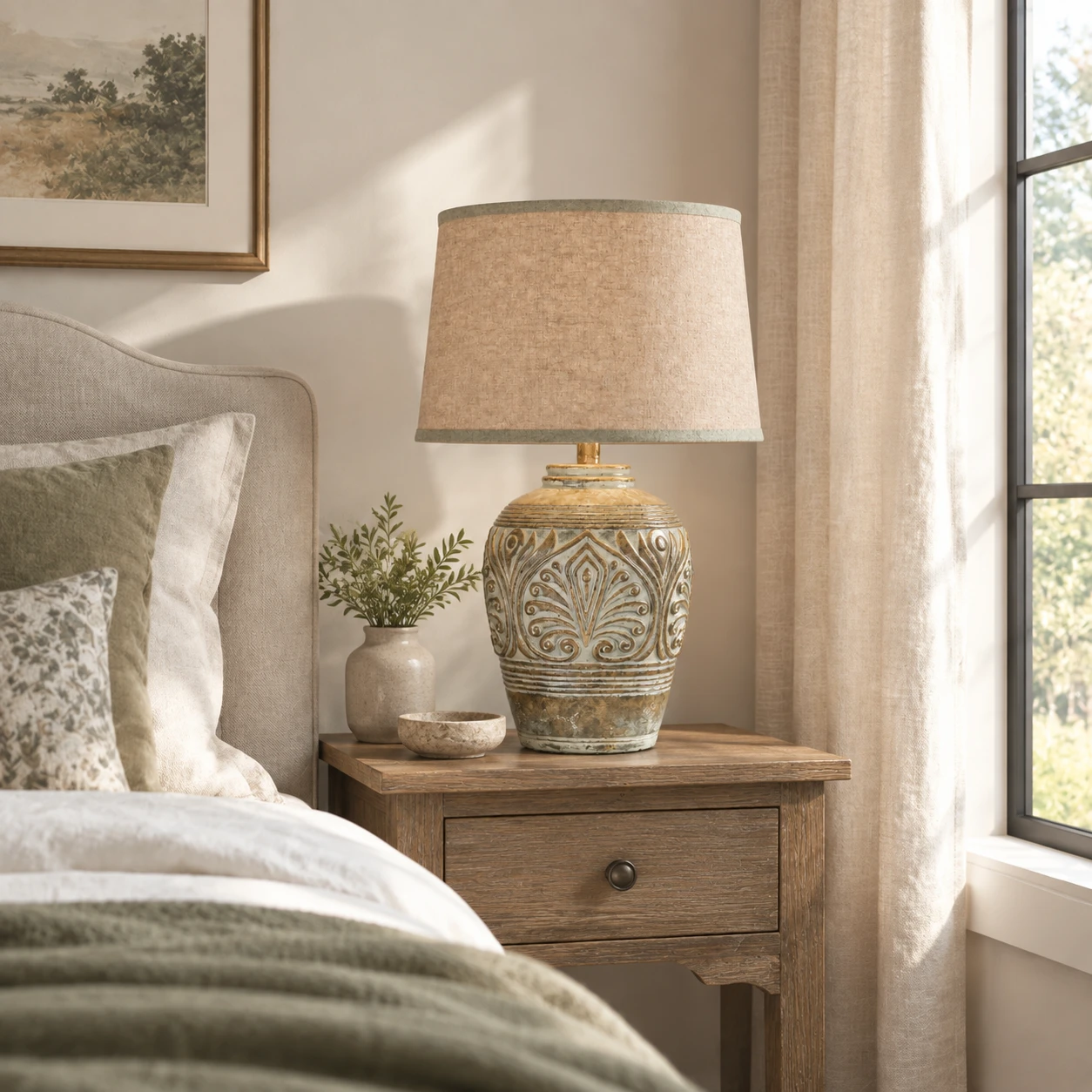 American Rustic Wood Table Lamp in a calm bedroom with an aged-oak nightstand and soft morning daylight