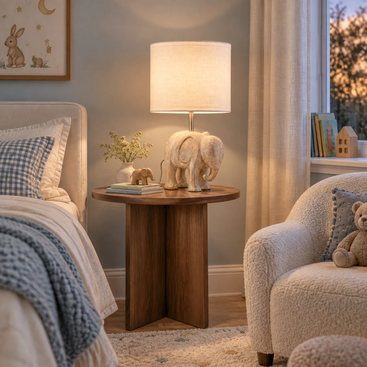 Elephant carved wood table lamp in a children’s room setting