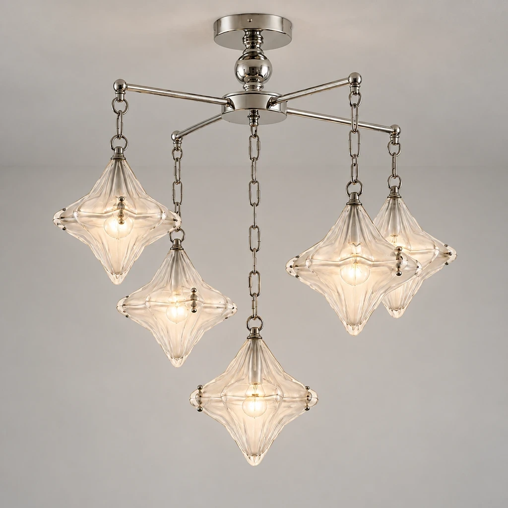 Lena Bauhaus Star Glass Alloy Chandelier switched on in a neutral studio