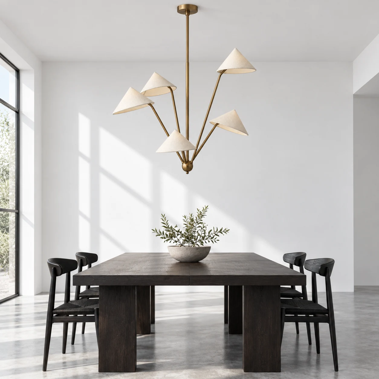 Five-light fabric shade pendant, bright white architectural scene