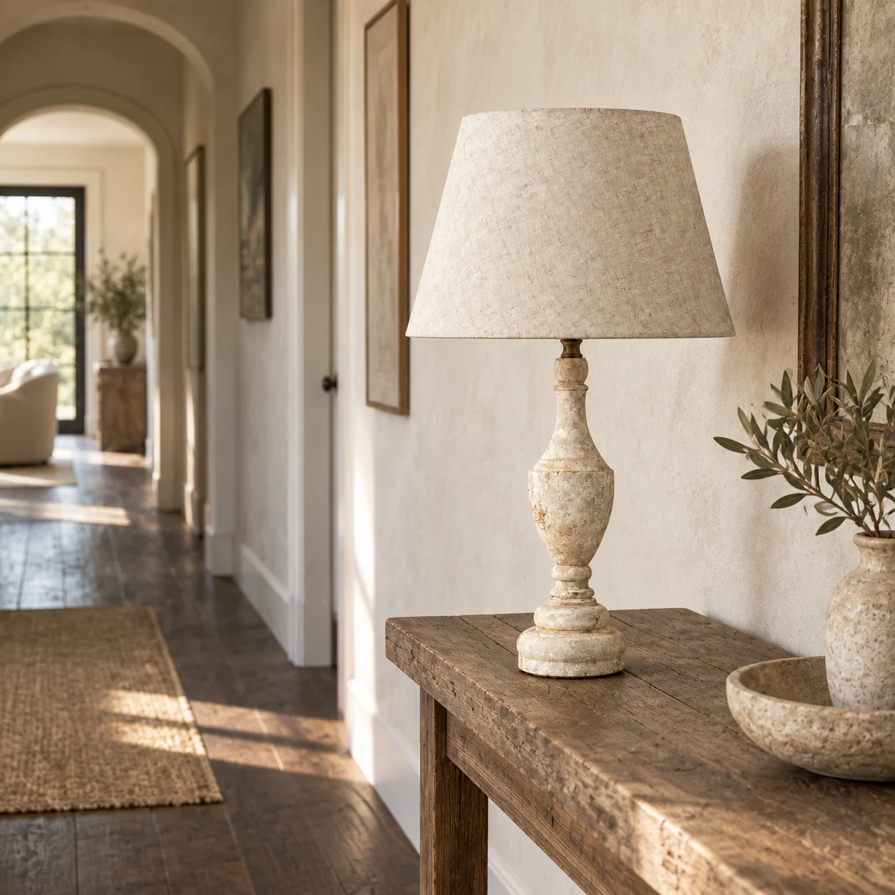 Antique white table lamp on a hallway table
