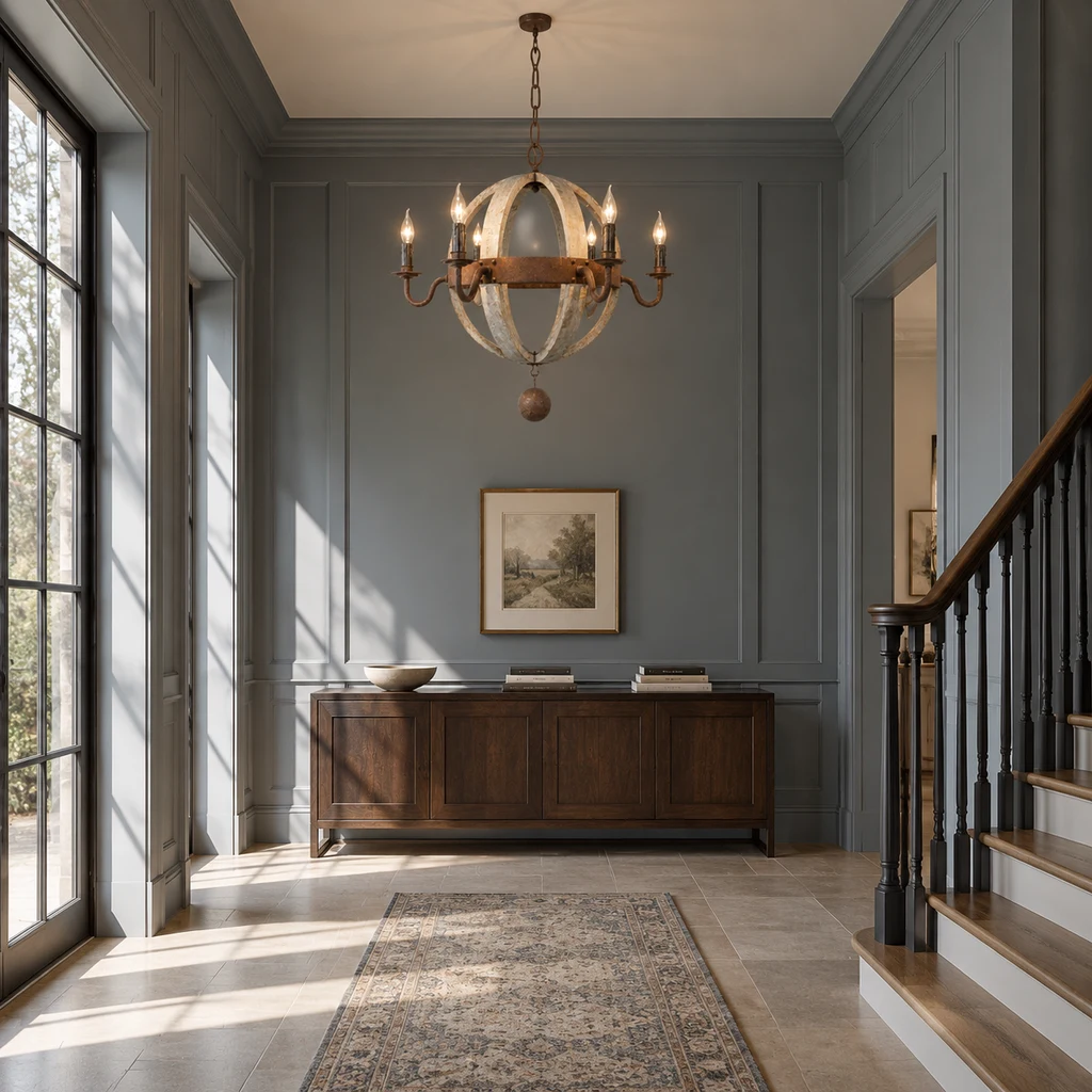 Elowen six-light orb chandelier mounted high in a smoke-blue stair hall with a walnut console