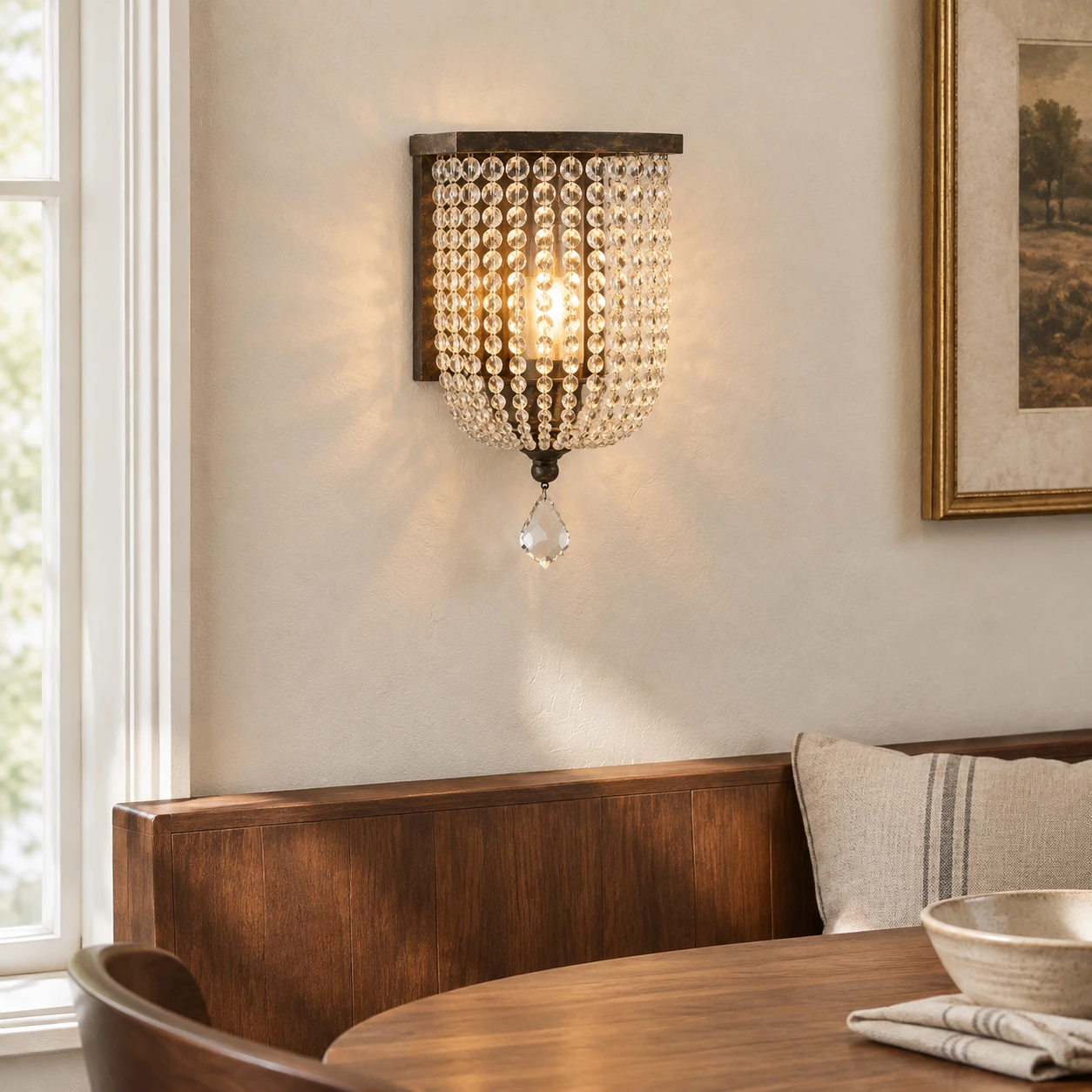 Elara Rustic Beaded Drop Iron Wall Sconce — Hero crystal bead wall sconce in a dining setting