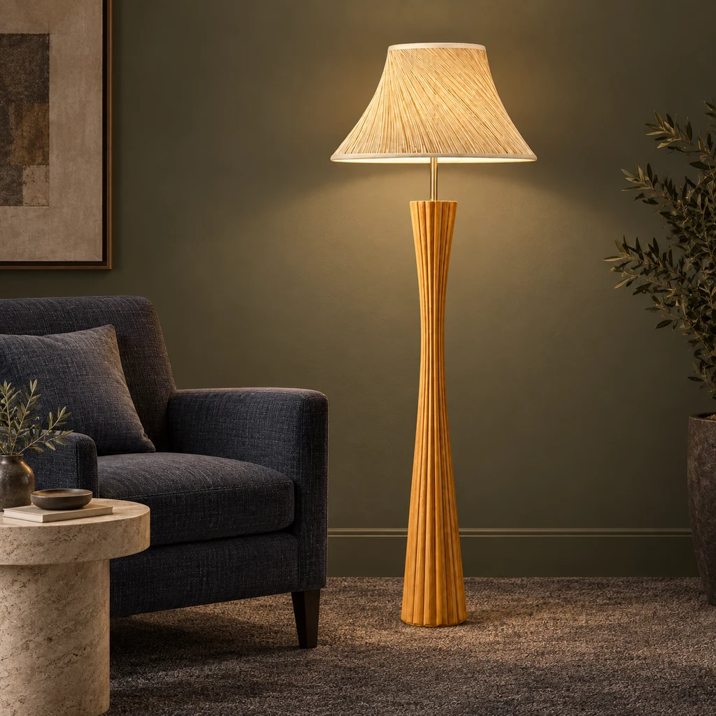 Elodie wooden floor lamp glowing beside an olive lounge chair