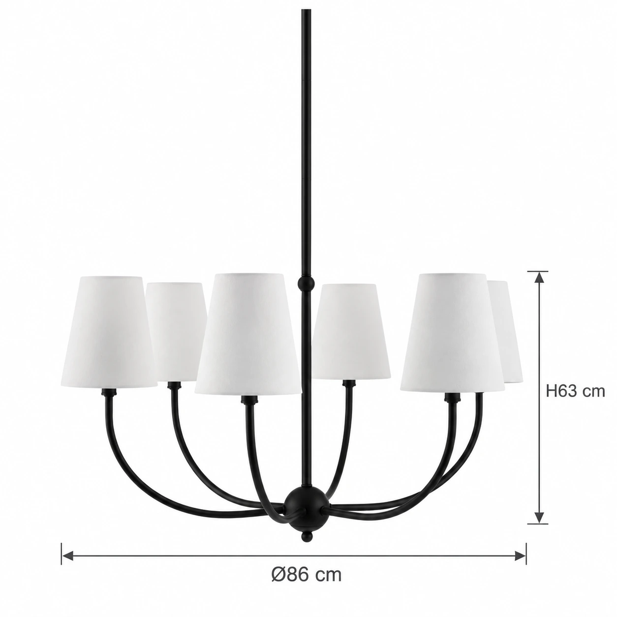 Black six-light chandelier dimensions: 86 cm diameter and 63 cm fixture height