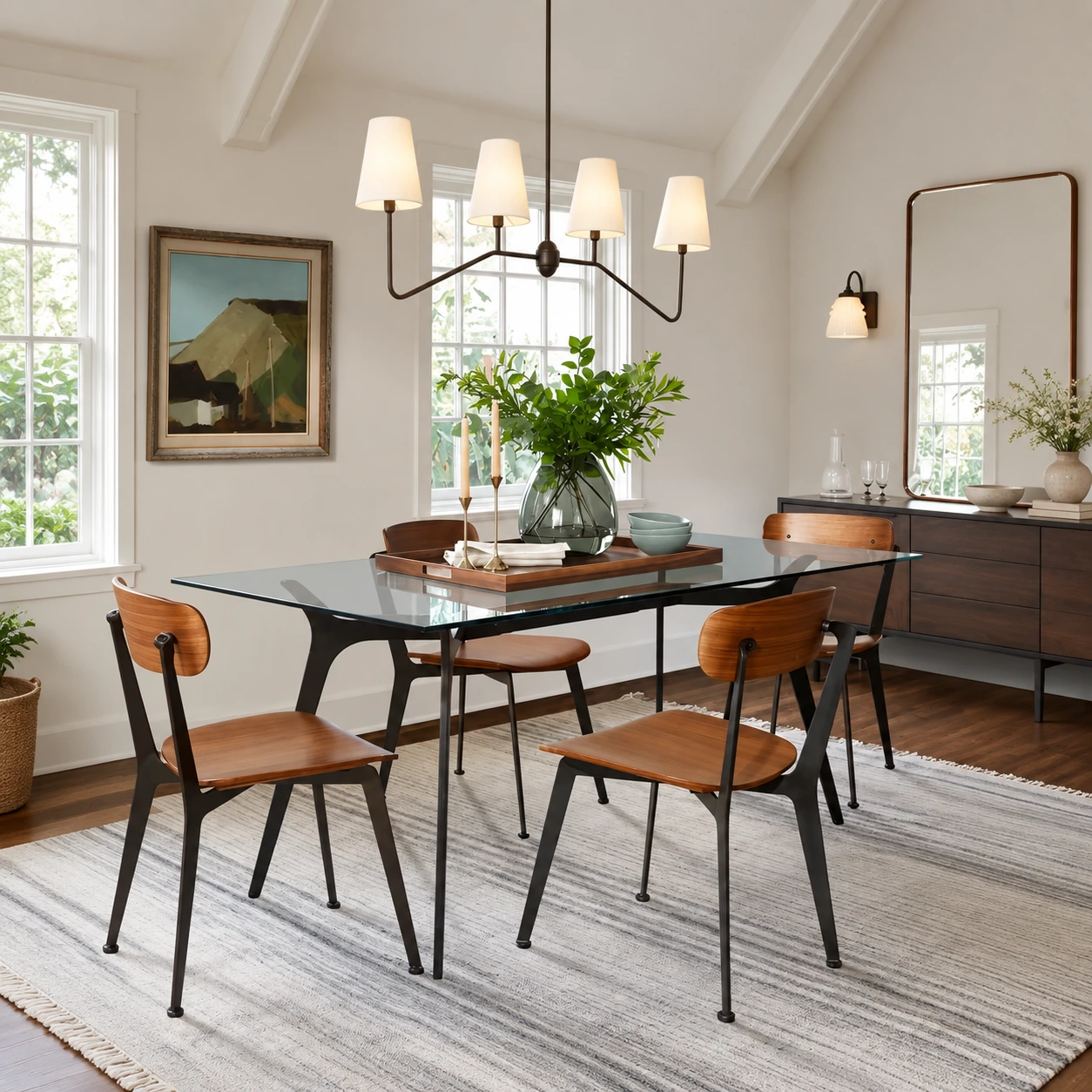 Four-light linear chandelier White Shades scene