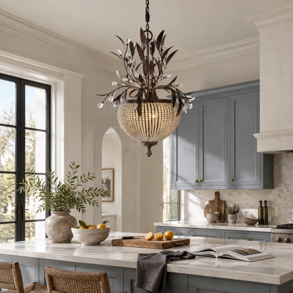 Celeste chandelier above a lived-in limestone kitchen island