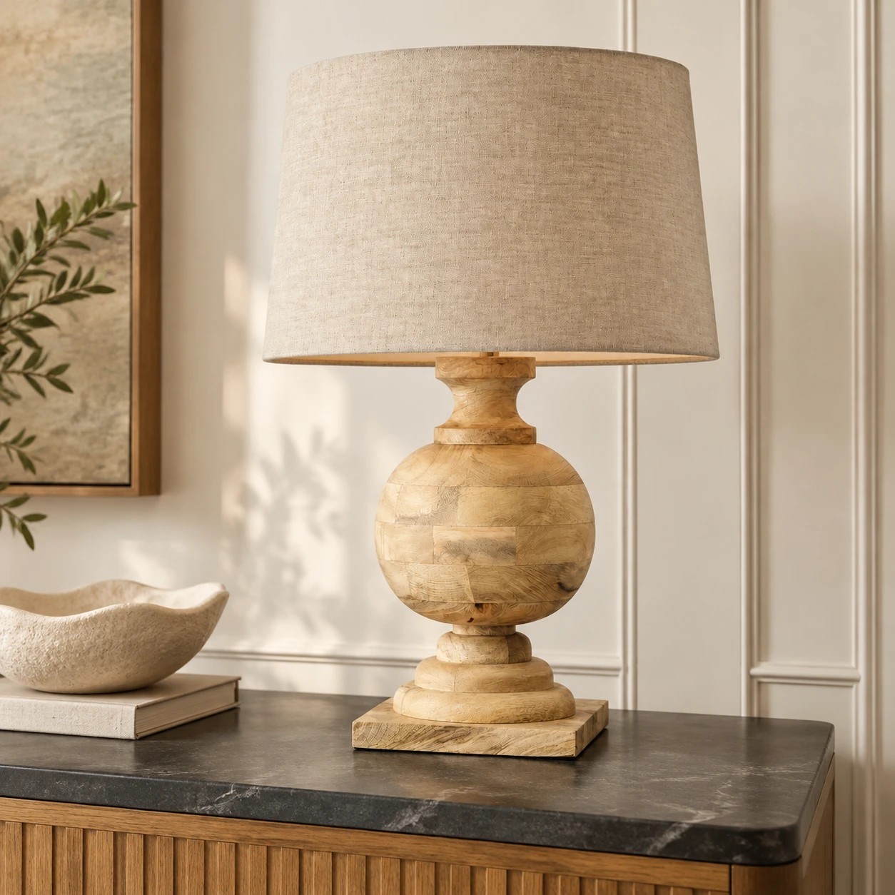 Mara Rustic Turned Wood Table Lamp — 06 scene natural console