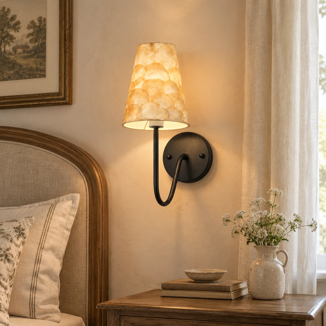 Matte black shell mosaic wall sconce in a warm bedroom reading corner