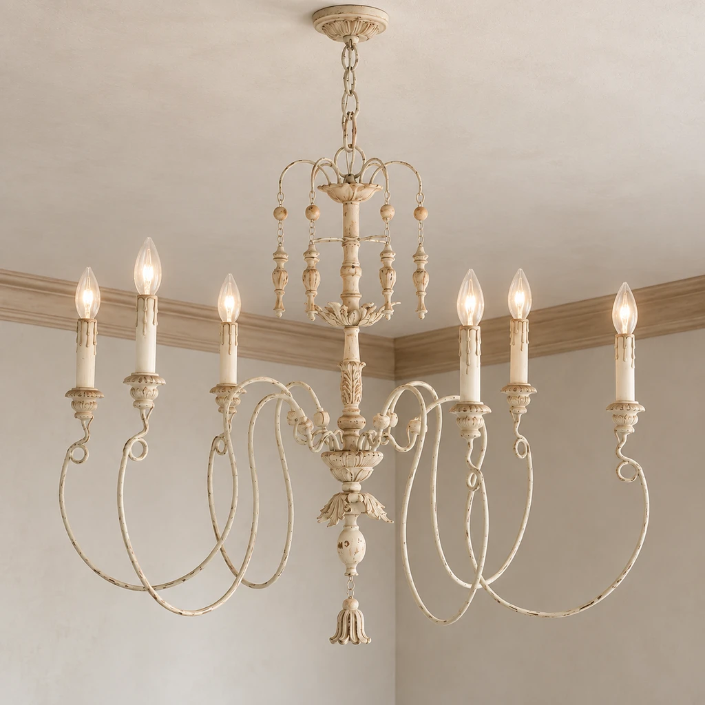 French vintage carved wood chandelier in a calm residential interior
