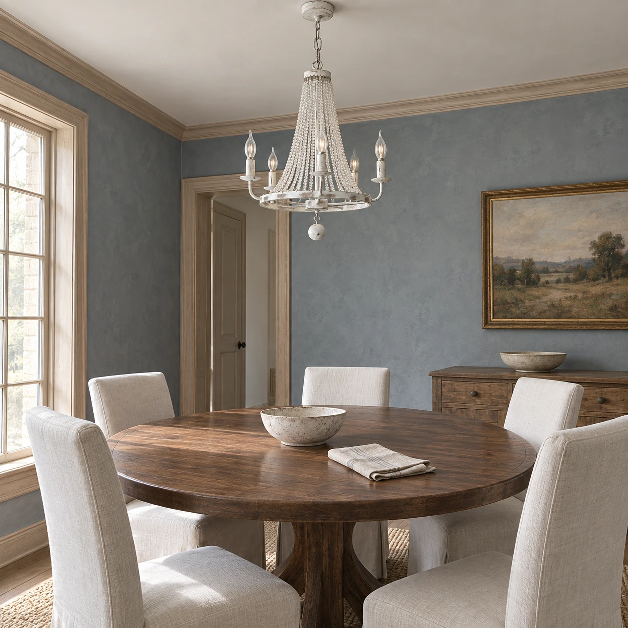 5-light French country crystal bead chandelier in a dining room
