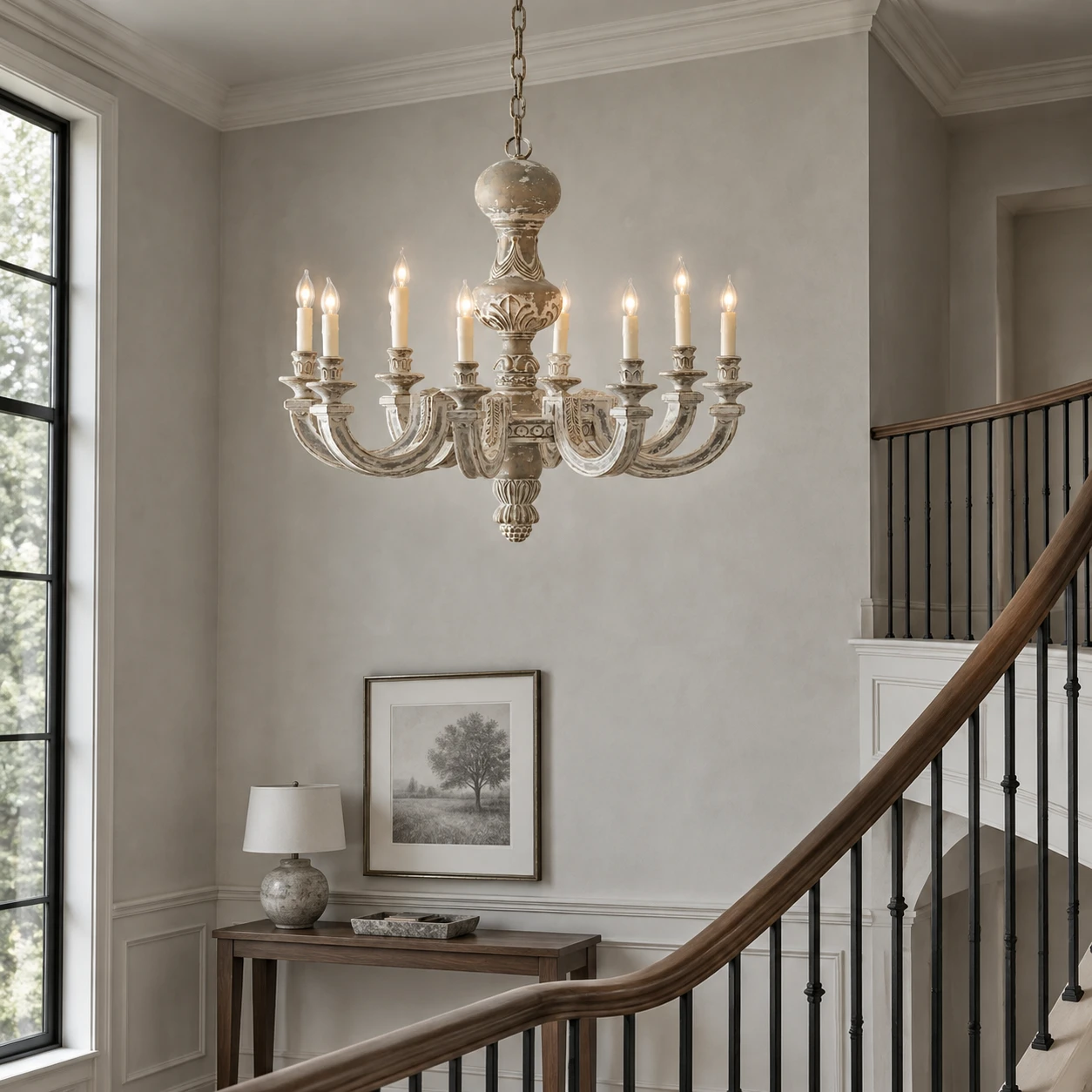 Eight-light distressed wood chandelier over a stair landing