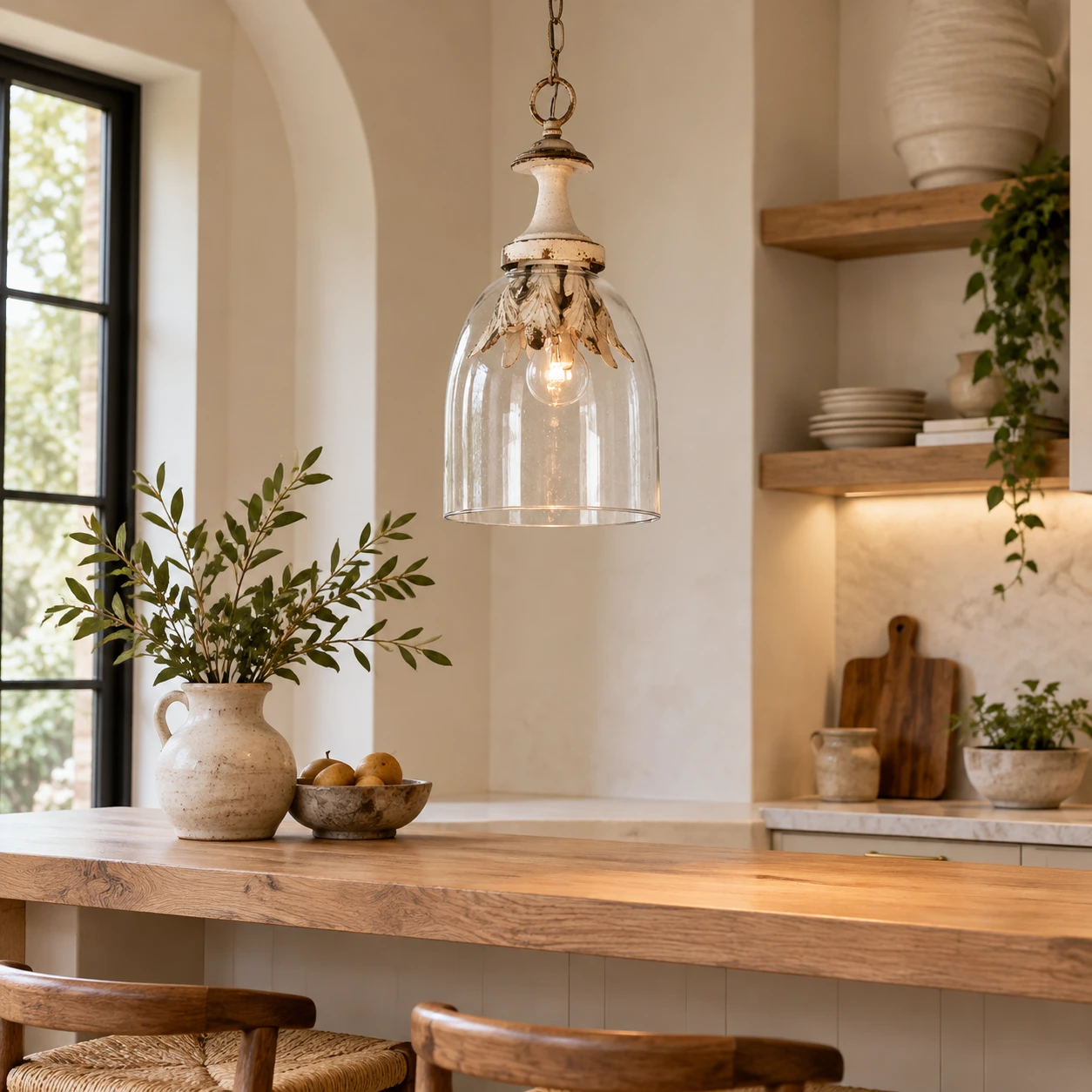 Avery Rustic Bell-Shade Iron Pendant Light — Bell-shade glass pendant above a home bar
