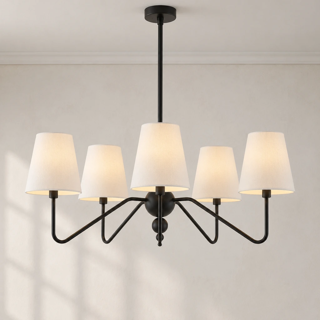 Black fabric shade branch chandelier against a bright French-vintage architectural wall