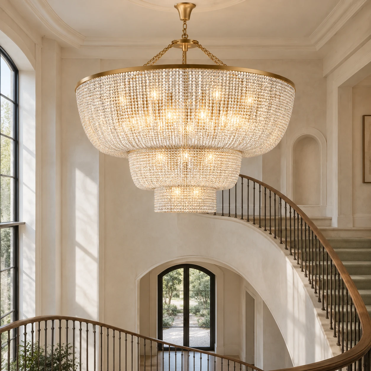 24-light clear bead chandelier in a stair hall