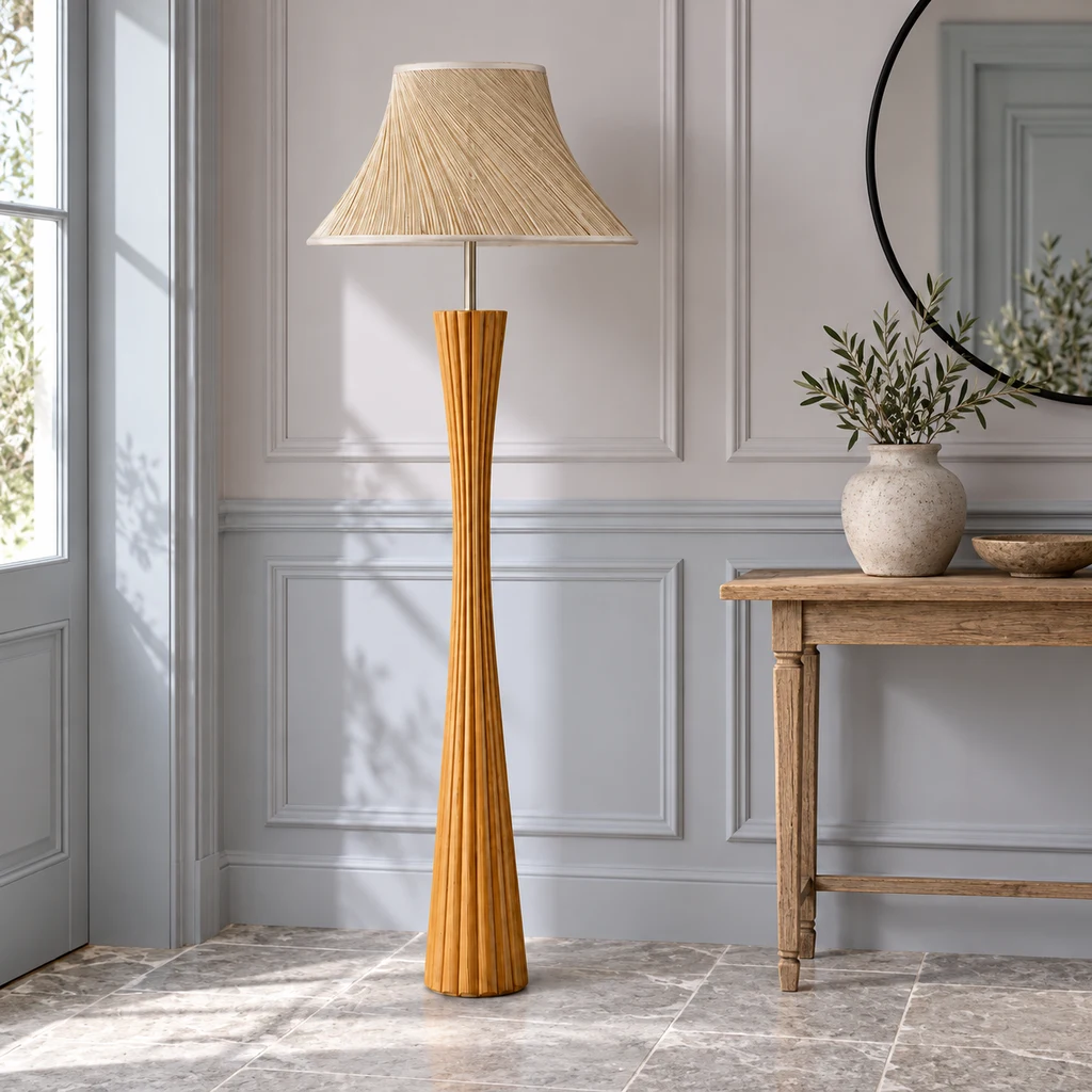 Elodie wooden floor lamp in a pale-blue entryway