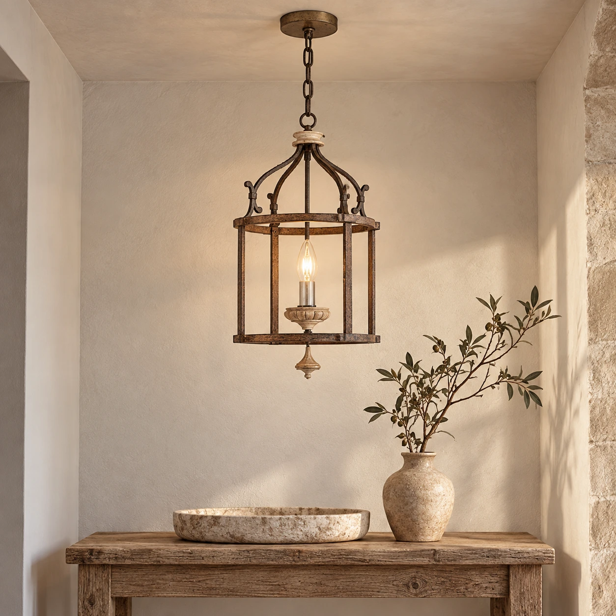 Clara Rustic Vintage Mesh Wood-and-Iron Pendant Light — 02 scene entry
