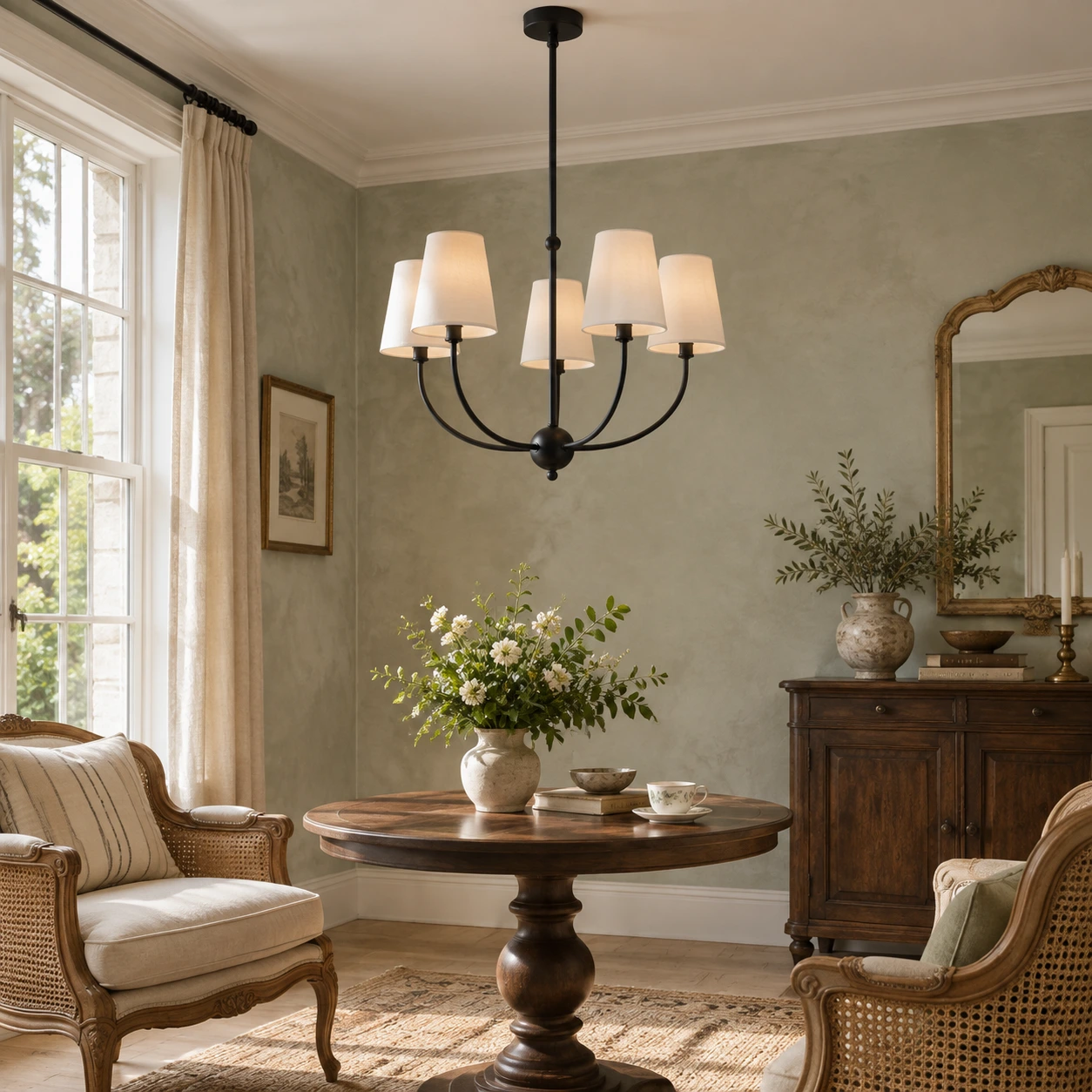 Vintage branch chandelier with fabric shades installed in a bedroom sitting area