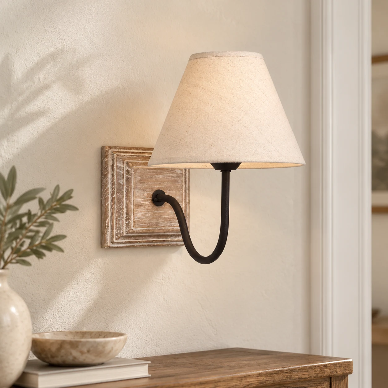 Curved-arm wood and fabric wall sconce installed above an entry console