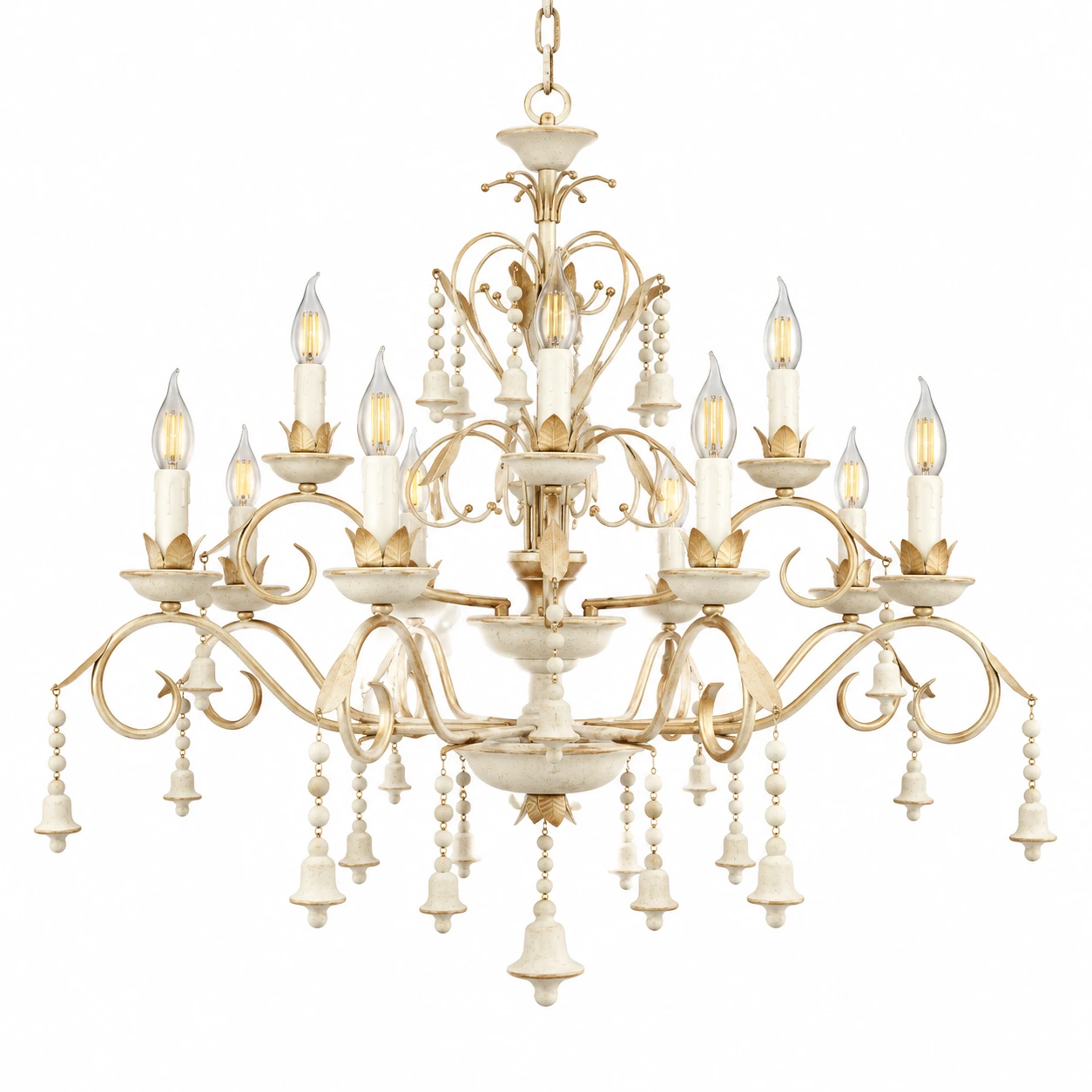 Finition blanc vintage avec la structure complète du lustre à 12 lumières